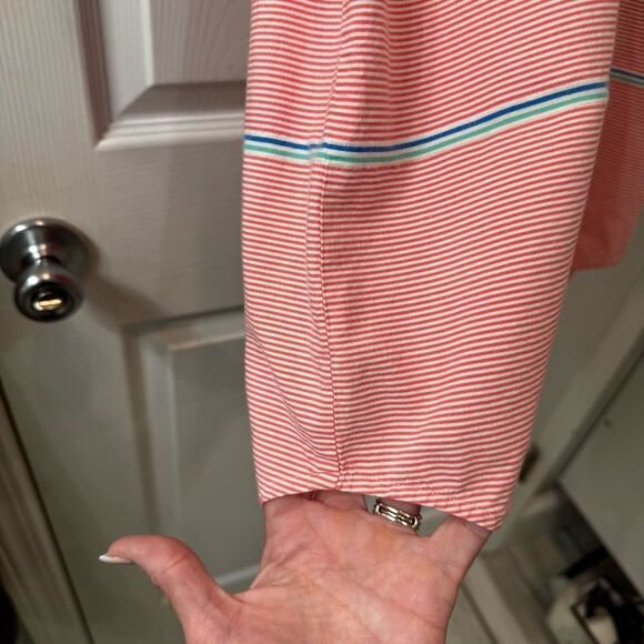 J Crew 100% cotton peach & white stripe popover blouse w an aqua stripe accent - Picture 5 of 12